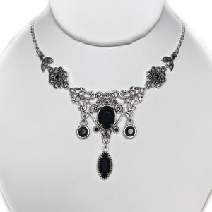 Jet Black Onyx Filigree Antique Silver Victorian Necklace Choker Gothic Edwardian Flapper 1920's Vintage Style Bridal Bridesmaid Wedding