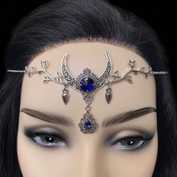 Dark Sapphire Blue Crescent Moon Goddess Priestess Celtic Elf Elvish Fairy Headpiece Headdress Circlet Crown Tiara Headband Bridal Wedding