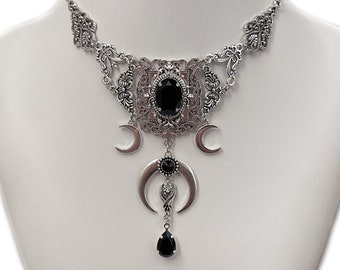 Jet Black Onyx Filigree Antique Silver Triple Moon Goddess Crescent Luna Vampire Bat Queen Vampyre Gothic Victorian Necklace Choker Pendant