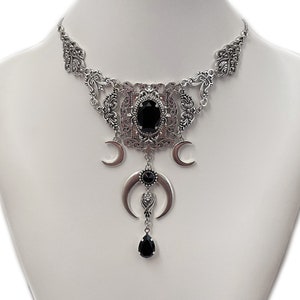 Jet Black Onyx Filigree Antique Silver Triple Moon Goddess Crescent Luna Vampire Bat Queen Vampyre Gothic Victorian Necklace Choker Pendant