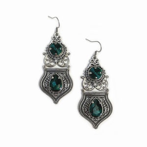 Emerald Green Crystals Gothic Antique Silver Filigree Goth Victorian Wedding Bridal Earrings Elven Elvish Elf Medieval Renaissance
