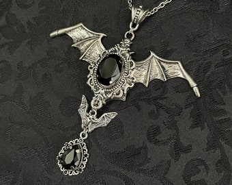 Jet Black Onyx Filigree Antique Silver Vampire Winged Bat Queen Vampyre Undead Goth Gothic Victorian Necklace Choker Pendant