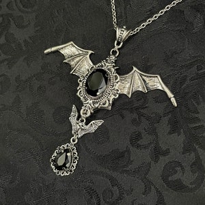 Jet Black Onyx Filigree Antique Silver Vampire Winged Bat Queen Vampyre Undead Goth Gothic Victorian Necklace Choker Pendant