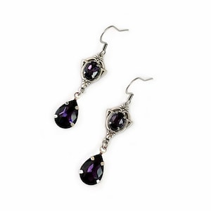 Dark Amethyst Purple Violet Gothic Antique Silver Filigree Victorian Wedding Bridal Earrings Elven Elvish Elf Medieval Steampunk Renaissance