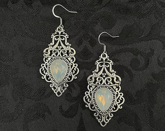 White Opal Gothic Victorian Goth Celtic Filigree Scroll Statement Earrings Bridal Wedding Antique Silver