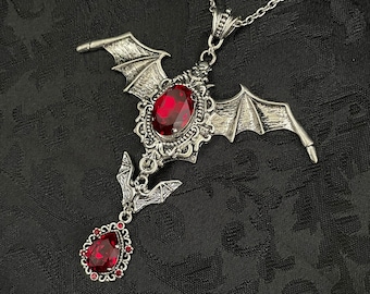 Dark Ruby Red/Garnet Filigree Antique Silver Vampire Winged Bat Queen Vampyre Undead Goth Gothic Victorian Necklace Choker Pendant
