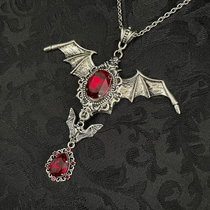 Dark Ruby Red/Garnet Filigree Antique Silver Vampire Winged Bat Queen Vampyre Undead Goth Gothic Victorian Necklace Choker Pendant