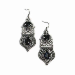 Jet Black Onyx Crystals Gothic Antique Silver Filigree Goth Victorian Wedding Bridal Earrings Elven Elvish Elf Medieval Renaissance