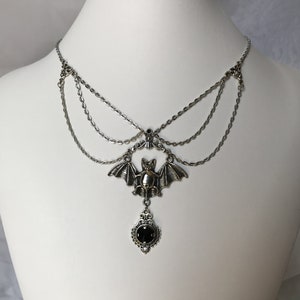 Jet Black Onyx Crystals Vampire Queen Bat Gothic Victorian Bridal Wedding Goth Antique Silver Filigree Necklace Choker Pendant