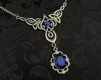 Sapphire Blue Irish Motherhood Celtic Knot Antiqued Silver Necklace Choker Pendant Wedding Bridal Bridesmaid Medieval Renaissance