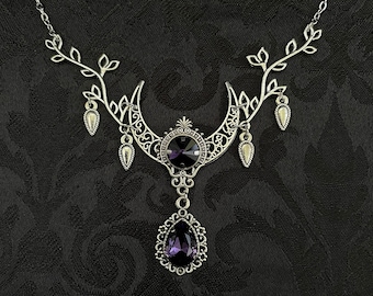 Dark Amethyst Purple Crescent Moon Goddess Priestess Celtic Elven Elf Filigree Necklace Choker Pendant Wedding Bridal Medieval Renaissance