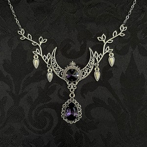 Dark Amethyst Purple Crescent Moon Goddess Priestess Celtic Elven Elf Filigree Necklace Choker Pendant Wedding Bridal Medieval Renaissance