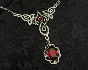Dark Ruby Red/Garnet Irish Motherhood Celtic Knot Antiqued Silver Necklace Choker Pendant Wedding Bridal Bridesmaid Medieval Renaissance