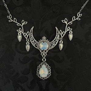 White Opal Crescent Moon Goddess Priestess Celtic Elven Elvish Elf Filigree Necklace Choker Pendant Wedding Bridal Medieval Renaissance