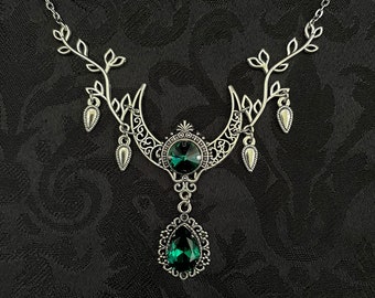 Emerald Green Crescent Moon Goddess Priestess Celtic Elven Elf Elvish Filigree Necklace Choker Pendant Wedding Bridal Medieval Renaissance