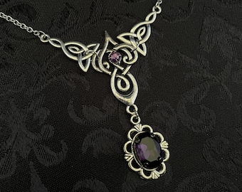 Dark Amethyst Purple Irish Motherhood Celtic Knot Antiqued Silver Necklace Choker Pendant Wedding Bridal Bridesmaid Medieval Renaissance