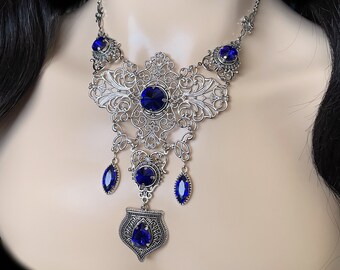 Dark Sapphire Blue Gothic Antique Silver Filigree Victorian Wedding Bridal Necklace Choker Pendant Elven Elvish Elf Medieval Renaissance