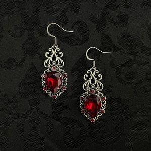 Dark Ruby Red/Garnet Crystals Dangle/Drop Earrings Vampire Queen Gothic Victorian Bridal Wedding Goth Antiqued Silver