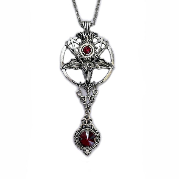 Dark Ruby Red Antique Silver Gothic Filigree Baphomet Sigil Pagan Idol Goat Pentagram Occult Symbol Gothic Victorian Necklace Choker Pendant