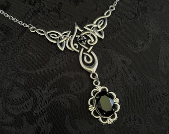 Jet Black Onyx Irish Motherhood Celtic Knot Antiqued Silver Necklace Choker Pendant Wedding Bridal Bridesmaid Medieval Renaissance