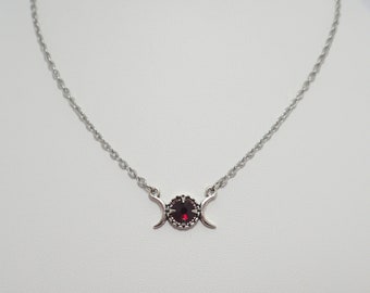 Dark Red/Garnet Stone Crescent Triple Moon Goddess Pendant Silver Necklace Choker Priestess Pagan Lunar Celestial Victorian Bridal Wedding