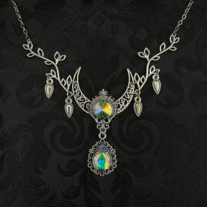 Crystal AB Crescent Moon Goddess Priestess Celtic Elven Elvish Elf Filigree Necklace Choker Pendant Wedding Bridal Medieval Renaissance