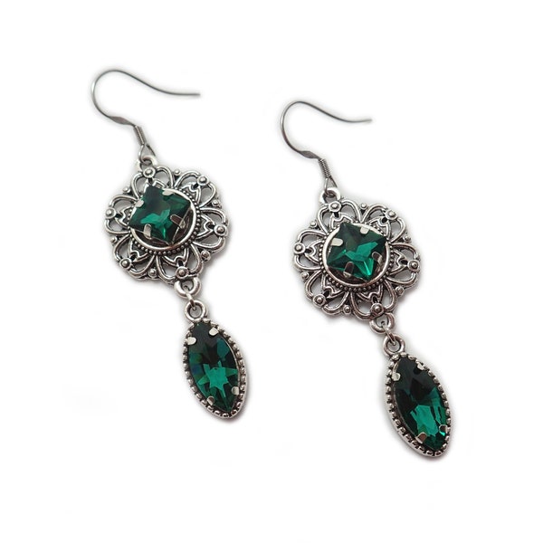 Emerald Green Stones Gothic Victorian Filigree Earrings Antiqued Silver Goth Medieval Edwardian Renaissance Bridal Wedding Bride Prom