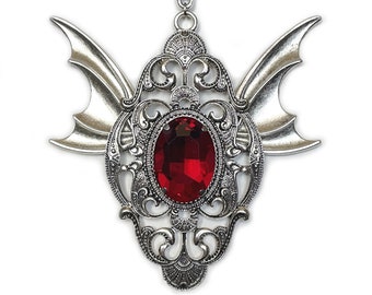 Dark Ruby Red Large Antique Silver Filigree Bat Wing Goth Victorian Dracula Undead Vampyre Vampire Wings Queen Necklace Choker Pendant