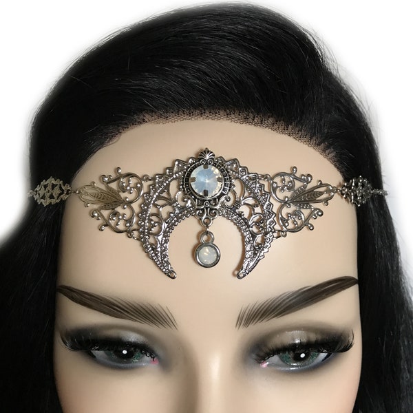 White Opal Crystals Silver Crescent Moon Priestess Art Nouveau Deco Mucha Pagan Headpiece Headdress Circlet Crown Tiara Headband Goddess