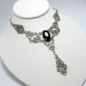 Jet Black Onyx Stone Gothic Antiqued Silver Necklace Choker Filigree Victorian Edwardian Steampunk Goth Bridal Bride Wedding