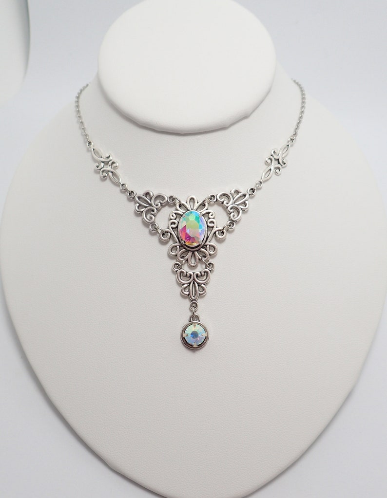 Crystal Clear AB Antiqued Silver Necklace Choker Filigree Elven Elf Elvish Celtic Victorian Edwardian Gothic Bridal Bride Wedding