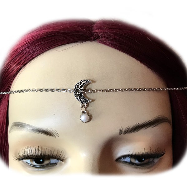 Simple Crescent Moon Goddess Priestess Headpiece Headdress Circlet Crown Bridal Filigree White Faux Pearl