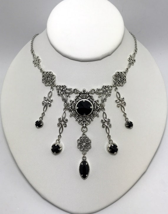 Jet Black Onyx Stones Gothic Antiqued Silver Necklace Choker | Etsy