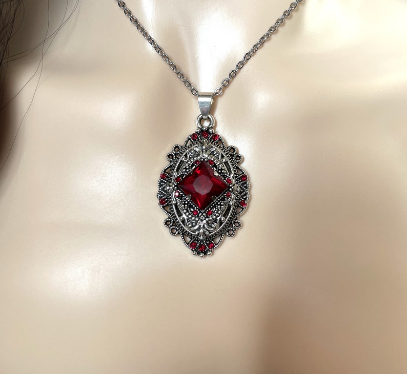 Dark Ruby Red/Garnet Filigree Flapper 1920 Style Antique Silver Victorian Necklace Choker Pendant Gothic Edwardian Bridal Bridesmaid Wedding image 4