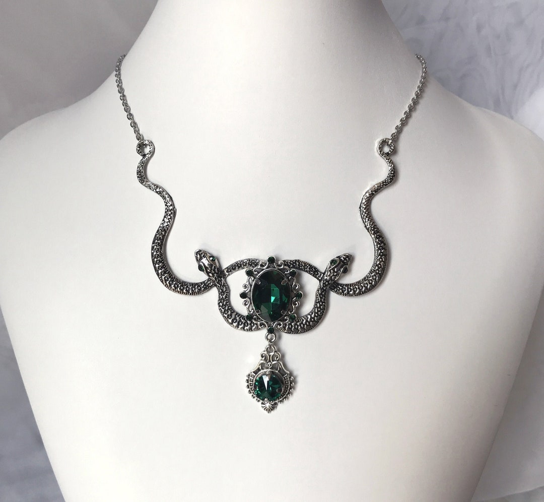 Emerald Green Serpentine Medusa Snake Greek Mythology Gothic Serpent Gorgon  Victorian Slytherin Wedding Antique Silver Goth Necklace Choker