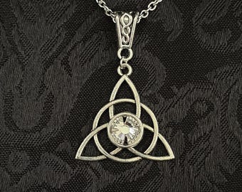 Crystal Clear Engagement Irish Celtic Trinity Knot Triquetra Antiqued Silver Unity Pagan Triple Goddess Knotwork Necklace Choker Pendant