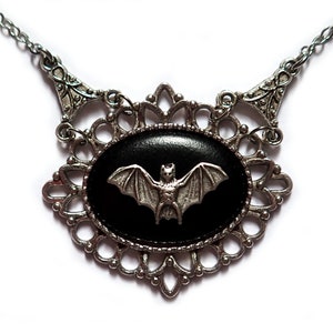 Gothic Victorian Vampire Bat Cameo Necklace Silver Filigree
