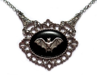 Victorian Bat Cameo Pendant on Adjustable Waxed Cotton Cord Necklace