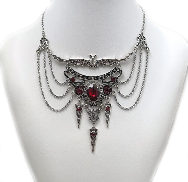 Dark Ruby Red/Garnet Filigree Antique Silver Dracula Vampire Winged Bat Queen Vampyre Undead Goth Gothic Victorian Necklace Choker Pendant 