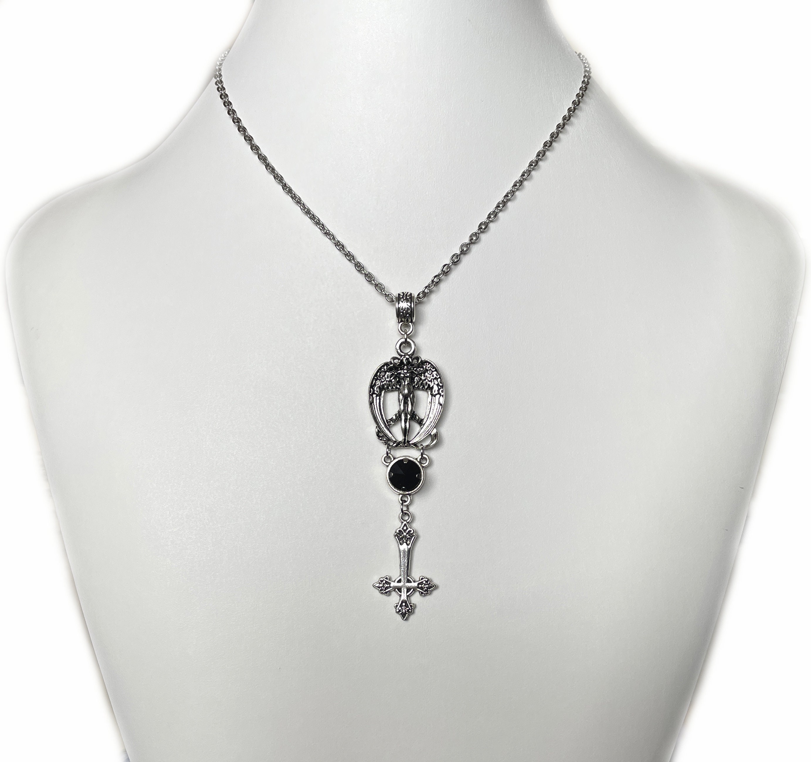 Jet Black Onyx Fallen Angel Inverted Cross Crucifix Lucifer