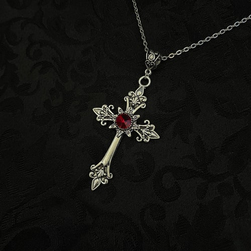Dark Ruby Red Antiqued Silver Cross Crucifix Gothic Victorian