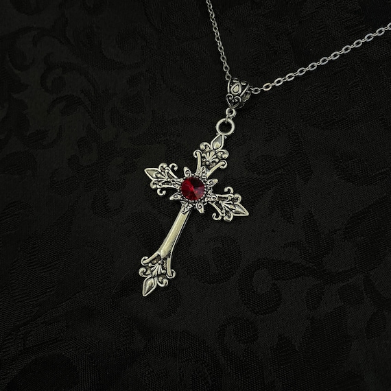 Dark Ruby Red Antiqued Silver Cross Crucifix Gothic Victorian