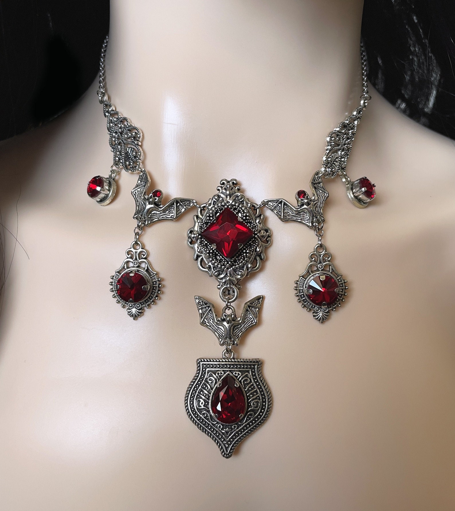 Dark Ruby Blood Red/garnet Filigree Antique Silver Vampire - Etsy