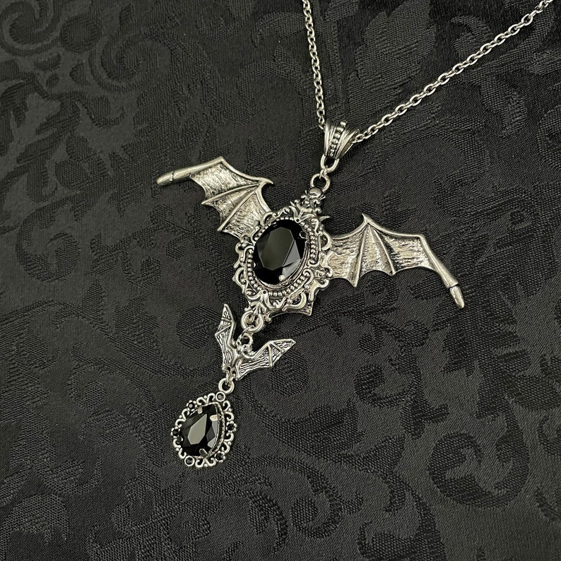 Jet Black Onyx Filigree Antique Silver Vampire Winged Bat Queen Vampyre Undead Goth Gothic Victorian Necklace Choker Pendant image 1