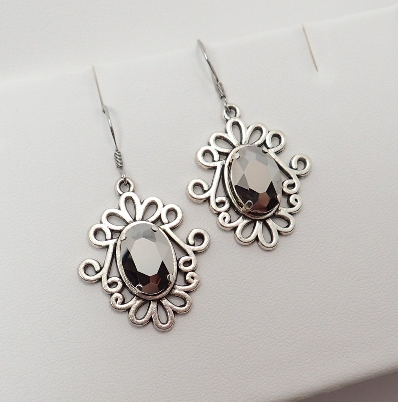 Hematite Gray Antiqued Silver Filigree Celtic Earrings Elven Elf Elvish Gothic Victorian Edwardian Bridal Wedding Bride Prom