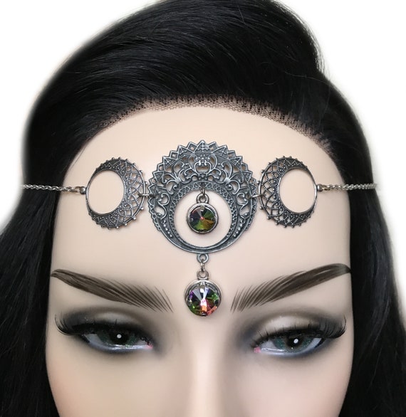 Rainbow Topaz Crystals Antique Silver Triple Crescent Moon Priestess Pagan  Gothic Headpiece Headdress Circlet Crown Headband Tiara Goddess 
