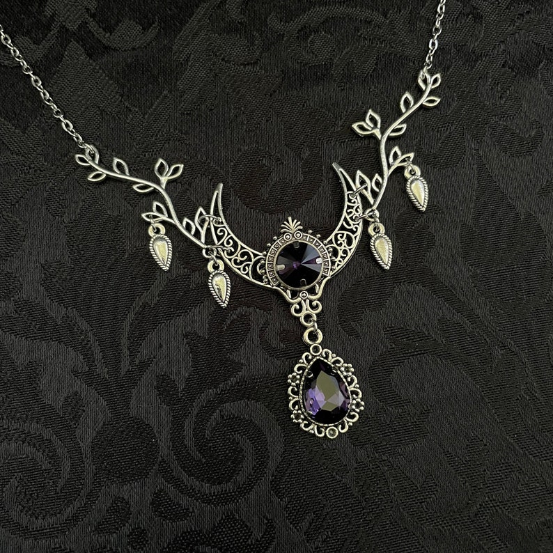 Dark Amethyst Purple Crescent Moon Goddess Priestess Celtic Elven Elf Filigree Necklace Choker Pendant Wedding Bridal Medieval Renaissance image 3