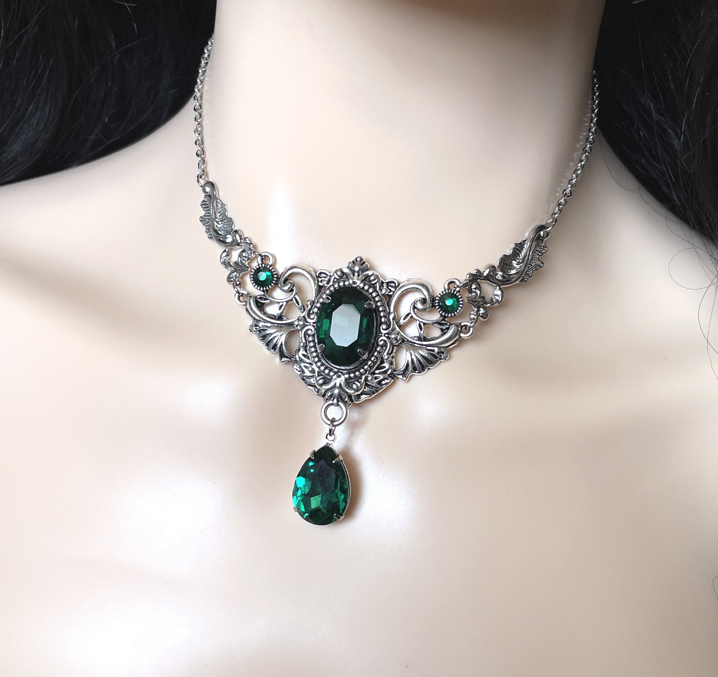 Emerald Green Gothic Antique Silver Filigree Goth Victorian | Etsy