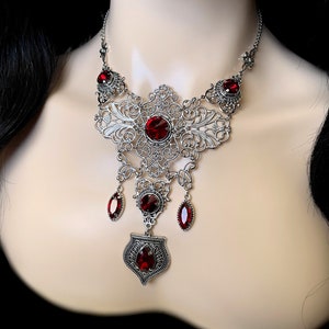 Dark Ruby Red/Garnet Gothic Antique Silver Filigree Victorian Wedding Bridal Necklace Choker Pendant Elven Elvish Elf Medieval Renaissance