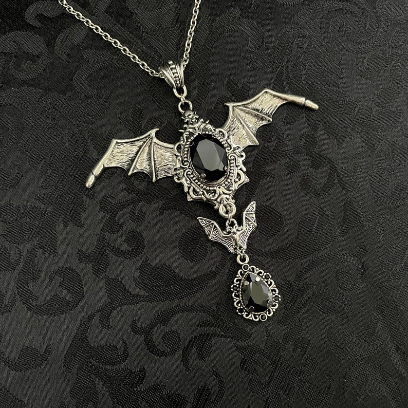 Jet Black Onyx Filigree Antique Silver Vampire Winged Bat Queen Vampyre Undead Goth Gothic Victorian Necklace Choker Pendant image 3